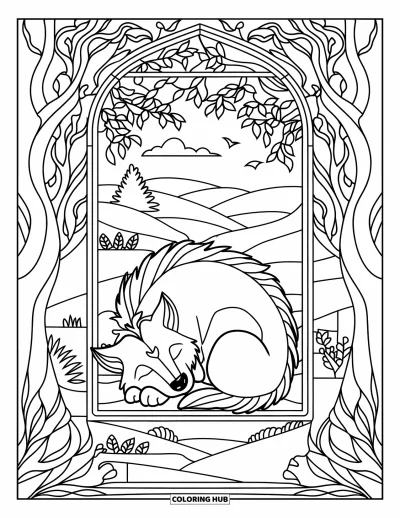 Werwolf-Ausmalbild für Erwachsene: Ein schlafender Werwolf rollt sich in einem Waldfenster mit friedlichen Mustern und Hügeln zusammen