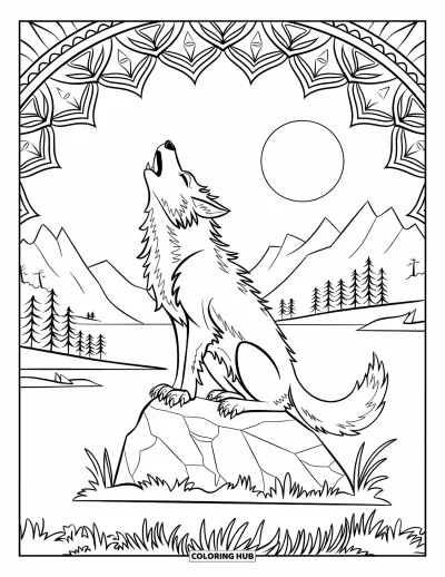 Werwolf-Ausmalbild für Erwachsene: Ein verspielter Werwolf heult vom Felsen zum Mond, eingerahmt von einem Sternenmandala