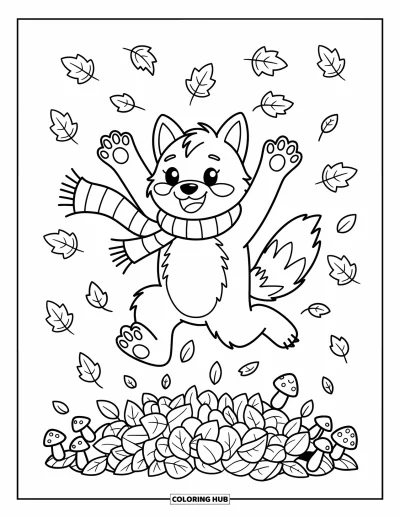 Werwolf-Ausmalbild für Erwachsene: Ein verspielter Werwolf mit Schal springt durch knirschende Herbstblätter mit erhobenen Pfoten