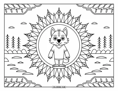 Werwolf-Ausmalbild für Erwachsene: Ein spitzohrige r Werwolf steht in einem sonnigen Mandala mit Bergen und Wasser im Hintergrund