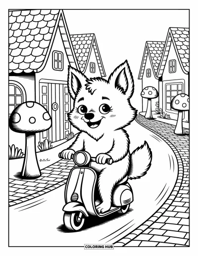 Werwolf-Ausmalbild für Erwachsene: Ein Werwolf auf einem Roller lächelt durch ein zauberhaftes Dorf in der Abenddämmerung mit märchenhaften Lichtern