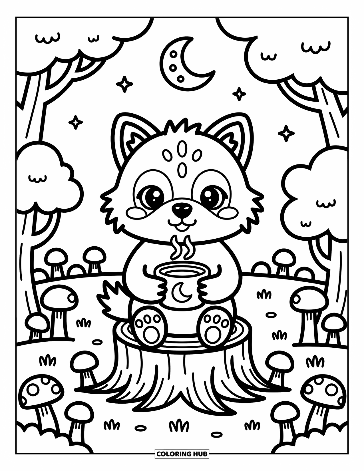 Werewolf Coloring Page for Adults: Smiling werewolf rests on a tree stump sipping tea under a glowing crescent moon