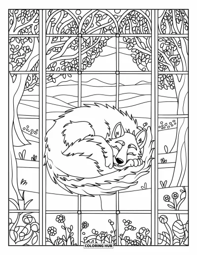 Werwolf-Ausmalbild für Erwachsene: Ein lächelnder Werwolf schläft in einem Buntglaswald aus Blumen, Bäumen und Tieren