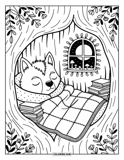 Werwolf-Ausmalbild für Erwachsene: Ein Werwolf liegt gemütlich eingemummelt mit Büchern und einer warmen Decke unter einem Vollmond
