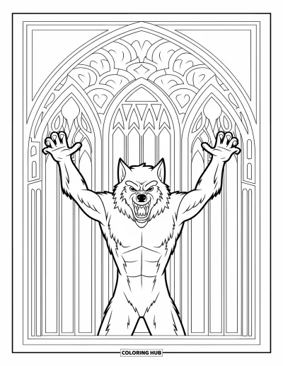Werwolf-Ausmalbild für Erwachsene: Ein Werwolf heult in einer gotischen Kathedralenszene, eingerahmt von einem Mandala