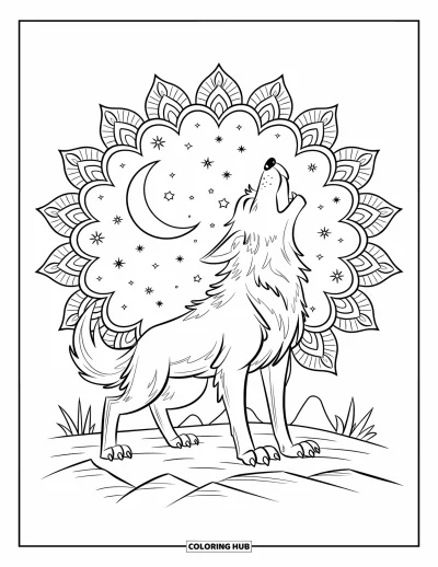 Werwolf-Ausmalbild für Erwachsene: Ein Werwolf auf felsigem Boden heult unter Halbmond und leuchtenden Sternen