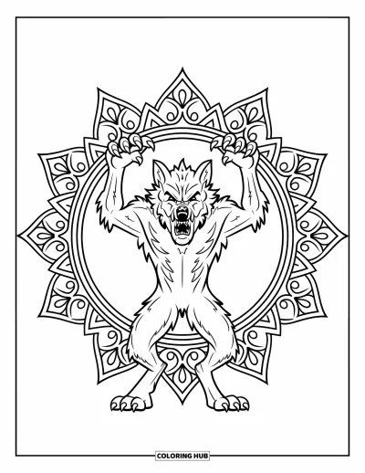 Werwolf-Ausmalbild für Erwachsene: Ein Werwolf hebt die Arme in einem gotischen Mandala mit kunstvollen Mustern
