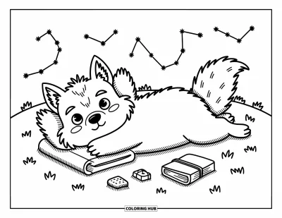 Werwolf-Ausmalbild für Erwachsene: Ein Werwolf ruht mit Tagebuch und Snack unter einem sternenklaren Nachthimmel