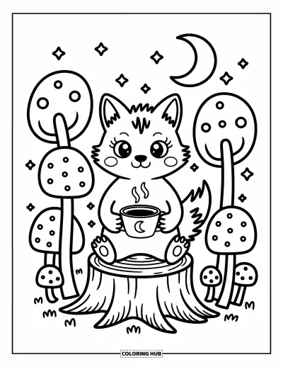Werwolf-Ausmalbild für Erwachsene: Ein Werwolf mit weichem Fell schlürft aus einer Tasse, umgeben von Pilzen und Mondlicht