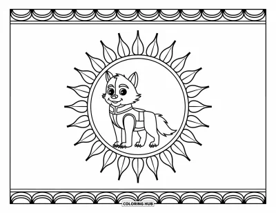 Werwolf-Ausmalbild für Erwachsene: Ein Werwolf mit Weste lächelt in einem Mandala-Sonnenrahmen aus Blättern und Bordüren