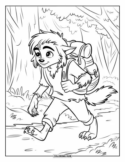 Werwolf-Ausmalbild für Kinder: Ein Werwolf mit Rucksack und zerfetzten Kleidern wandert über einen Waldweg