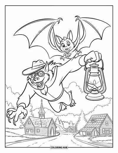 Werwolf-Ausmalbild für Kinder: Eine Fledermaus mit Laterne fliegt mit einem Werwolf über ein Dorf mit Kirchturm