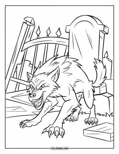 Werwolf-Ausmalbild für Kinder: Ein kampferprobter Werwolf knurrt neben zerbrochenen Toren und schiefen Grabsteinen