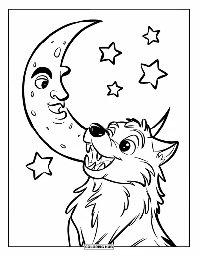 Werwolf-Ausmalbild für Kinder: Ein großäugiger Werwolf heult unter einem Sternenhimmel mit Halbmond