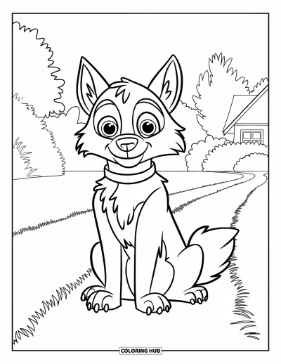 Werwolf-Ausmalbild für Kinder: Ein großäugiger Werwolf ruht ruhig auf dem Gras neben einem Baum und einem kleinen Haus