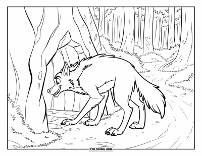 Werwolf-Ausmalbild für Kinder: Ein Werwolf mit buschigem Schwanz lehnt auf einem Waldweg an eine kleine Höhle