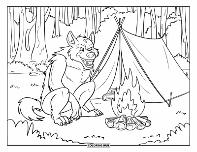 Werwolf-Ausmalbild für Kinder: Ein Werwolf beim Camping wärmt sich an einem Feuer neben einem kleinen Zelt im Wald