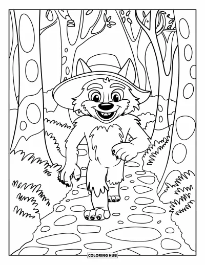 Werwolf-Ausmalbild für Kinder: Ein fröhlicher Werwolf mit grünem Hut spaziert durch einen Wald mit runden Bäumen