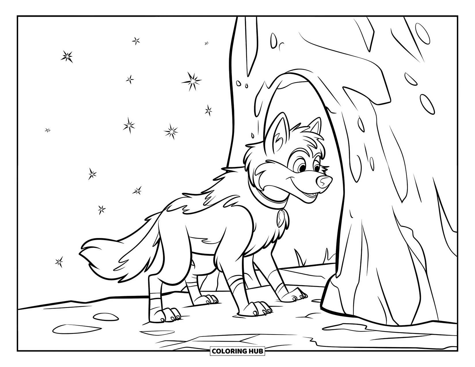 Werewolf Coloring Page for Kids: Curious werewolf peeks into a tiny cave under a starry night sky
