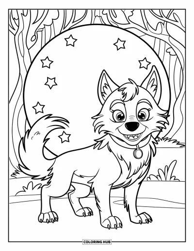 Werwolf-Ausmalbild für Kinder: Ein niedlicher Werwolf steht neben einem Vollmond unter einem Sternenhimmel im Wald