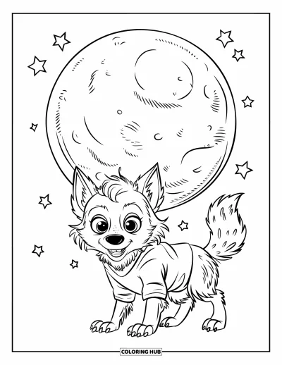 Werwolf-Ausmalbild für Kinder: Ein Werwolf mit flauschigen Ohren steht stolz unter einem großen Mond und funkelnden Sternen