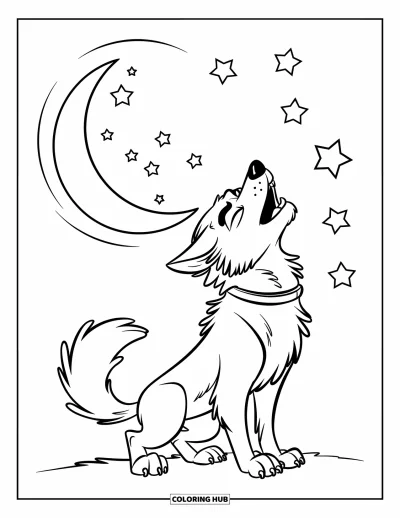 Werwolf-Ausmalbild für Kinder: Ein Werwolf mit buschigem Schwanz heult unter einem Nachthimmel voller verspielter Sterne