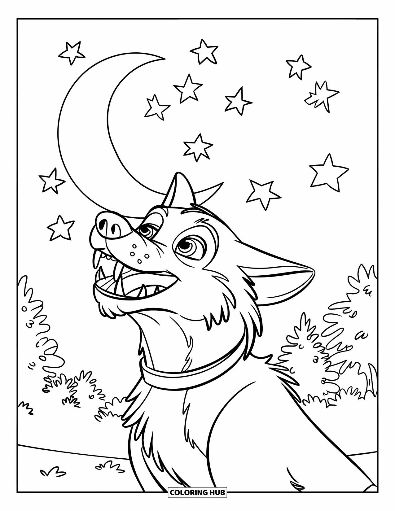 Werewolf Coloring Page for Kids: Friendly werewolf howls at a crescent moon surrounded by floating stars and forest trees