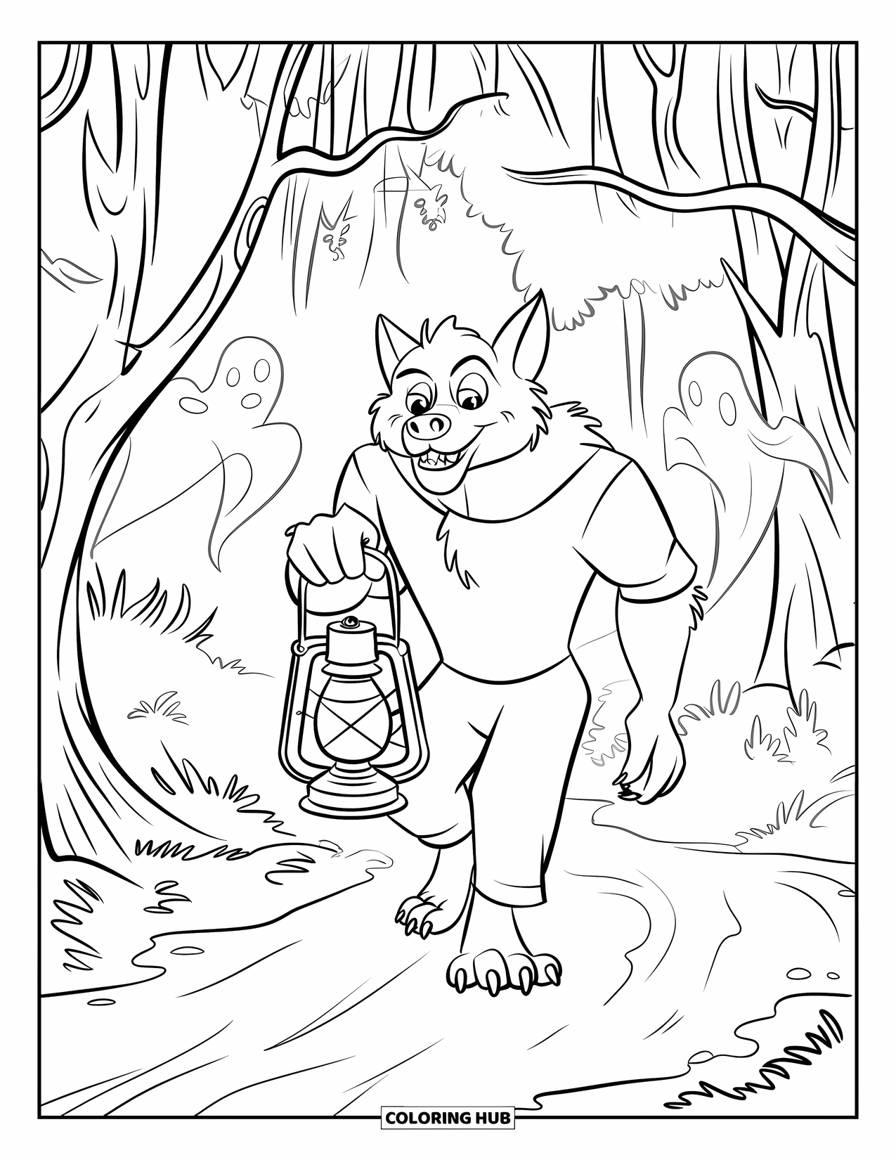 Werewolf Coloring Page for Kids: Friendly werewolf with a lantern walks past twisted trees in the dark