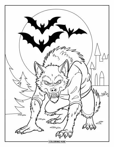 Werwolf-Ausmalbild für Kinder: Ein haariger Werwolf kauert auf einer Waldlichtung unter einem leuchtenden Mond mit fliegenden Fledermäusen