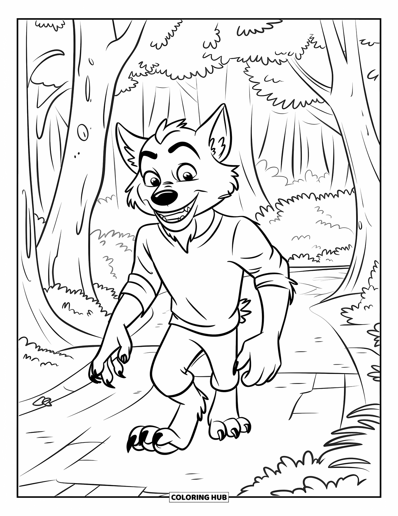 Werewolf Coloring Page for Kids: Happy werewolf walks through a quiet forest in a red shirt