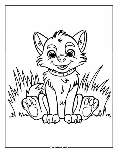 Werwolf-Ausmalbild für Kinder: Ein glücklicher Werwolf mit großen Pfoten sitzt auf sauberem Gras mit einem verspielten Halsband