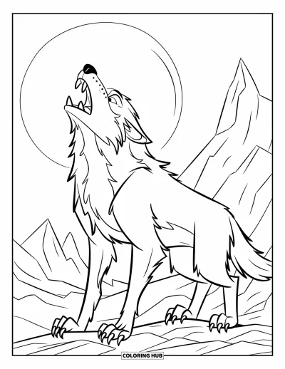 Werwolf-Ausmalbild für Kinder: Ein heulender Werwolf steht auf felsigem Boden unter einem leuchtenden Vollmond