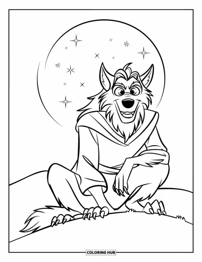 Werwolf-Ausmalbild für Kinder: Ein langhaariger Werwolf sitzt still auf einem monderhellten Hügel