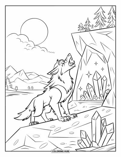 Werwolf-Ausmalbild für Kinder: Ein magischer Werwolf steht bei einer Kristallhöhle unter einem monderhellten Berghimmel