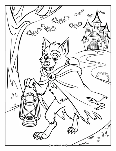 Werwolf-Ausmalbild für Kinder: Ein lächelnder Werwolf trägt eine Laterne durch einen unheimlichen Waldweg