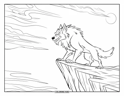 Werwolf-Ausmalbild für Kinder: Ein knurrender Werwolf steht auf einer zerklüfteten Klippe unter einem monderhellten, wirbelnden Himmel