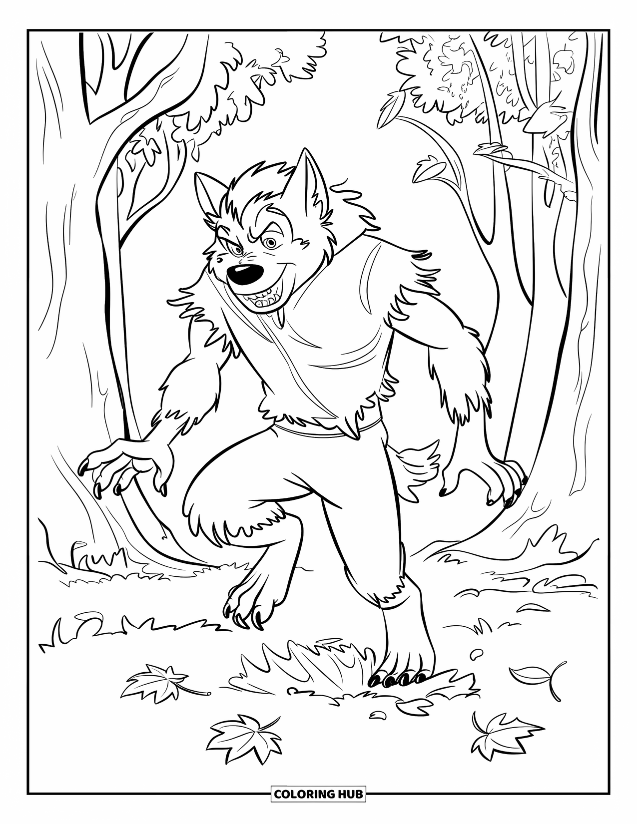 Werewolf Coloring Page for Kids: Tattered werewolf plays in a forest filled with swirling fall leaves