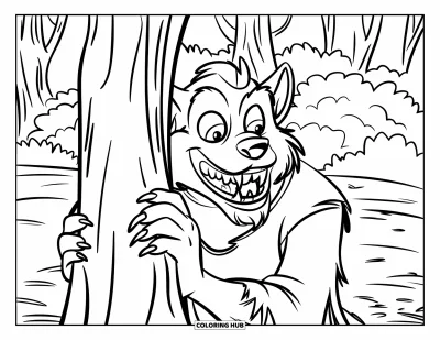 Werwolf-Ausmalbild für Kinder: Ein Werwolf mit Zähnen versteckt sich hinter einem Baum zwischen Büschen und hohen Bäumen