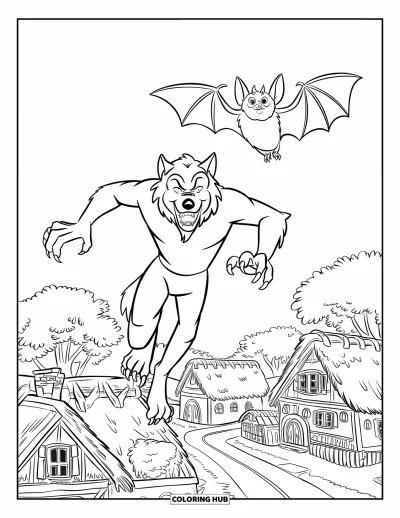 Werwolf-Ausmalbild für Kinder: Werwolf und Fledermaus fliegen über ein verschlafenes Dorf mit Bäumen und ruhigen Straßen