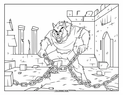 Werwolf-Ausmalbild für Kinder: Ein Werwolf sprengt Ketten in einem bröckelnden Schlosshof mit zerfetzten Kleidern und Trümmern