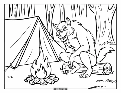 Werwolf-Ausmalbild für Kinder: Ein Werwolf zeltet ruhig neben einem Feuer und Zelt in einem friedlichen Wald