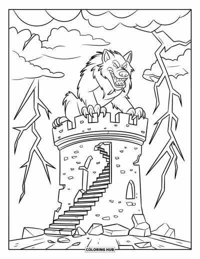 Werwolf-Ausmalbild für Kinder: Ein Werwolf heult auf einem bröckelnden Turm unter Sturmwolken und Blitzen