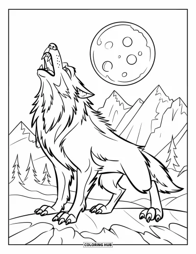 Werwolf-Ausmalbild für Kinder: Ein Werwolf heult unter dem Vollmond mit schneebedeckten Bergen in der Ferne