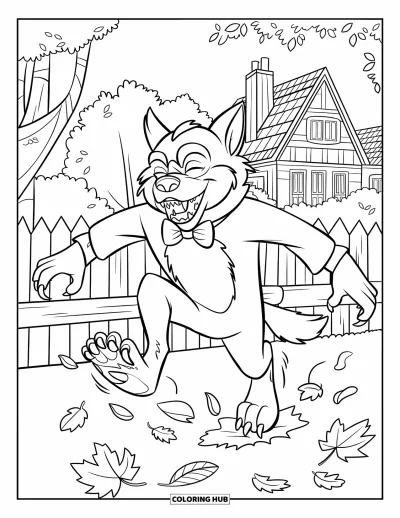 Werwolf-Ausmalbild für Kinder: Ein Werwolf mit Fliege springt durch Blätter neben einem Haus mit Schornsteinen