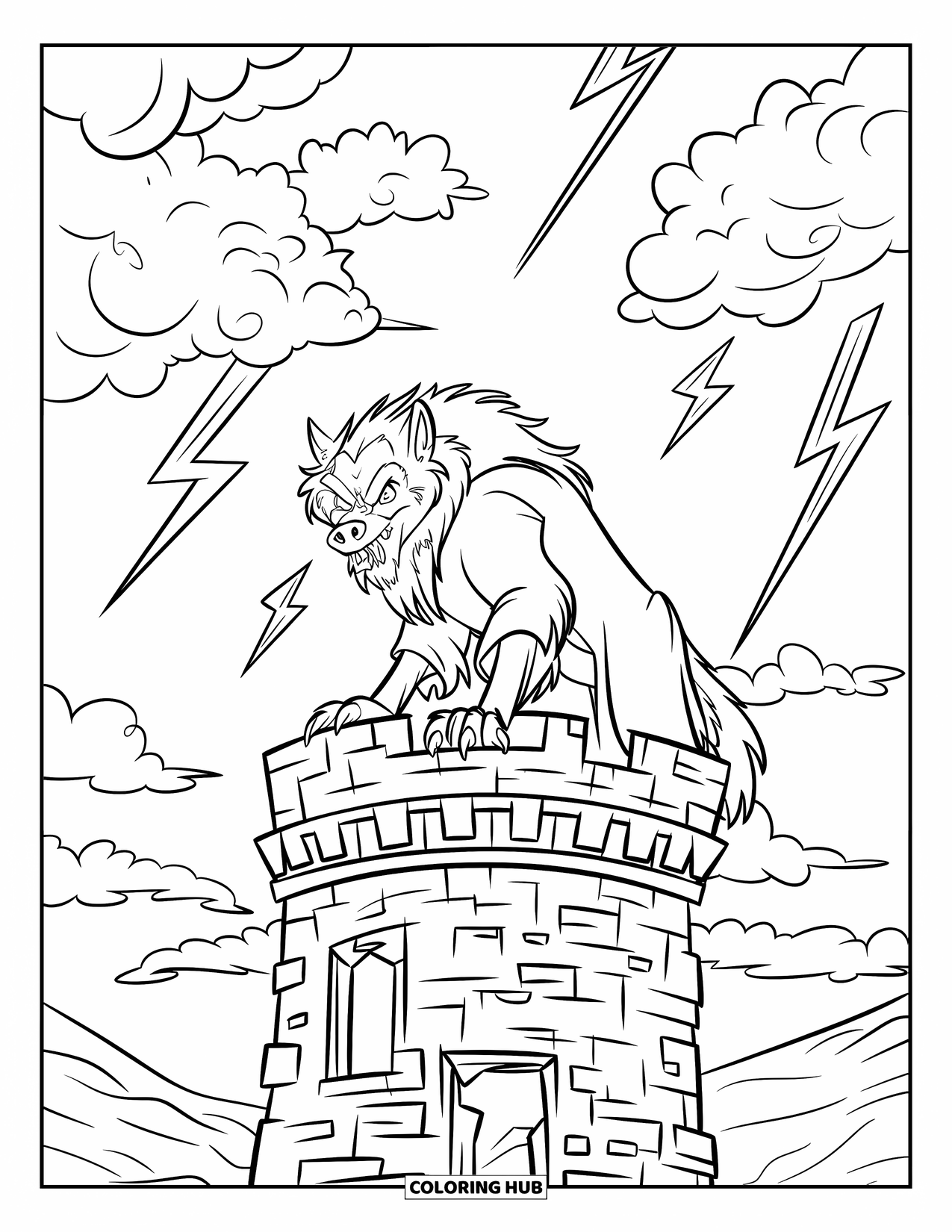 Werewolf Coloring Page for Kids: Werewolf in a robe watches lightning strike from a broken tower top