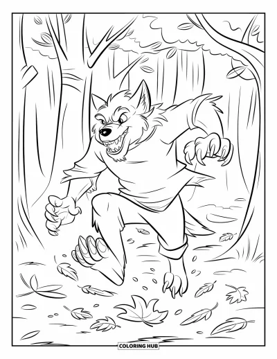Werwolf-Ausmalbild für Kinder: Ein Werwolf springt freudig durch einen Herbstwald voller knirschender Blätter