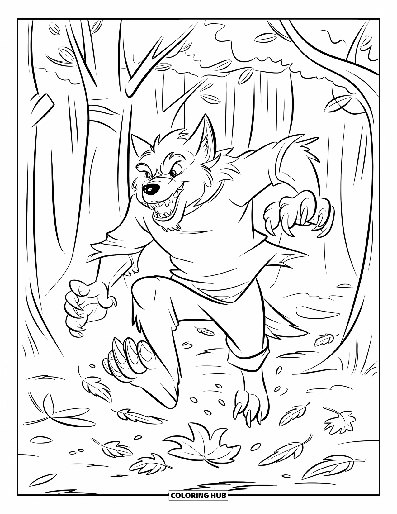 Werewolf Coloring Page for Kids: Werewolf jumps with joy through an autumn forest full of crunchy leaves