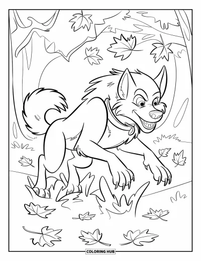 Werwolf-Ausmalbild für Kinder: Ein Werwolf springt durch fallende Herbstblätter in einem bunten Wald