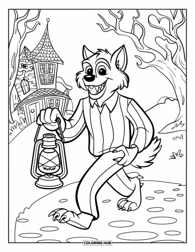 Werwolf-Ausmalbild für Kinder: Ein Werwolf lächelt und beleuchtet den Weg neben einem Geisterhaus