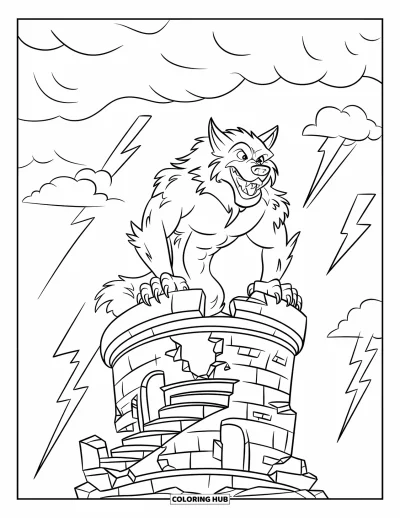 Werwolf-Ausmalbild für Kinder: Ein Werwolf steht auf einem verfallenen Turm unter einem blitzgefüllten Himmel
